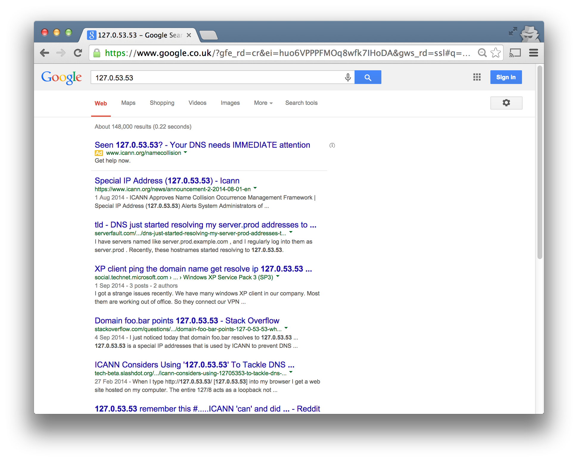 Google Search '127.0.53.53'